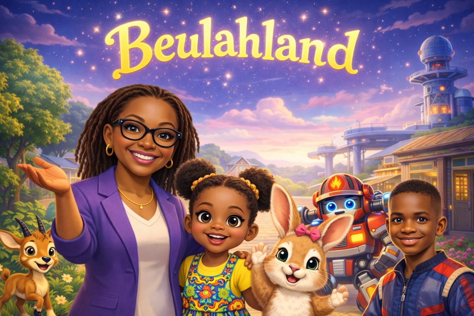 Miss Beulah welcomes children and their animal and robot friends to Beulahland, under a starry night sky.